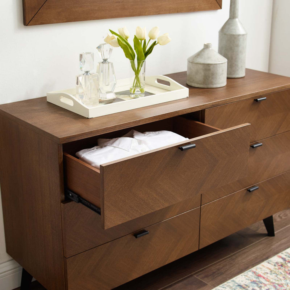 Dresser Drawer Chest Stand, Wood, Brown Walnut, Modern Mid-Century Living Room
