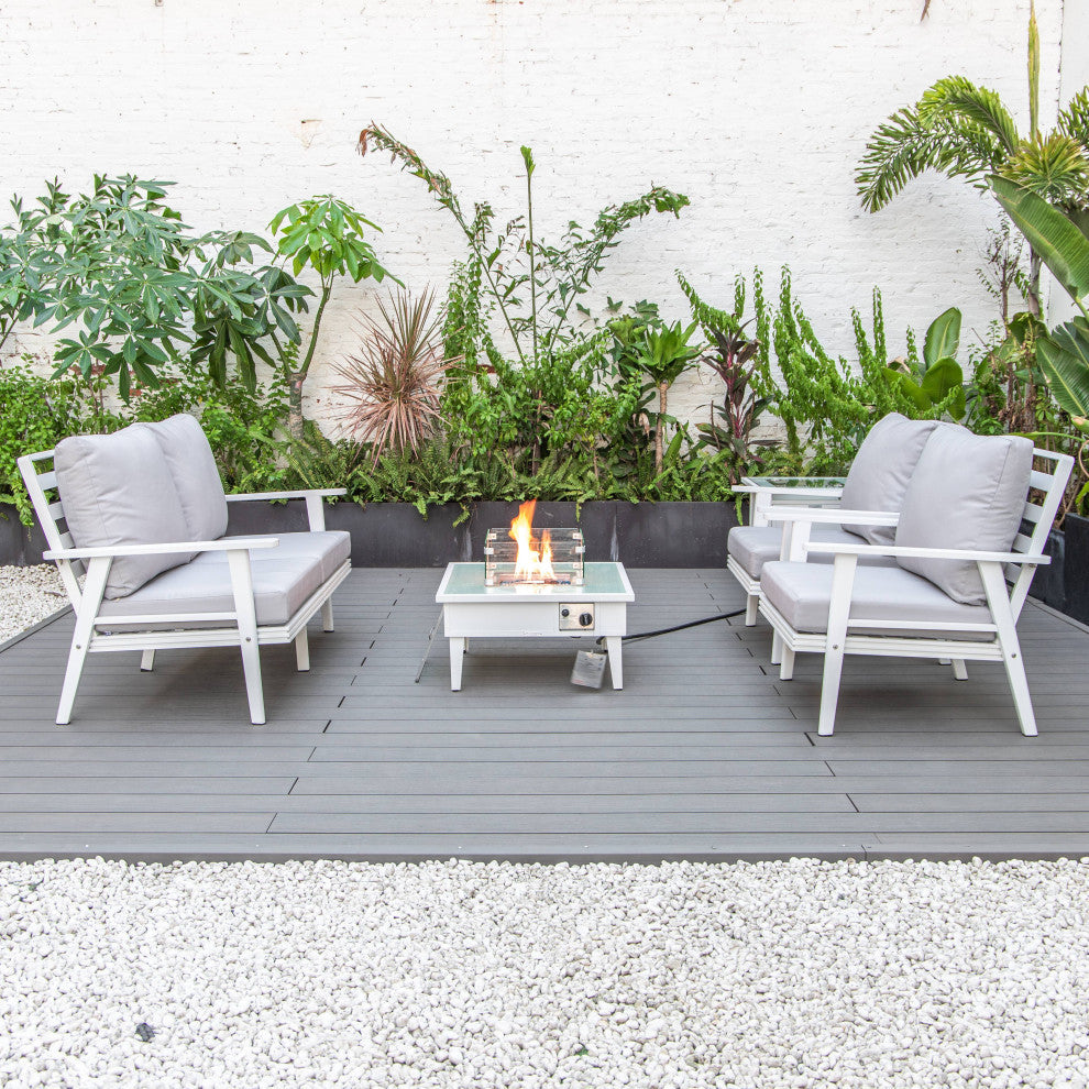 LeisureMod Walbrooke Patio Conversation Set With Fire Pit Table, Light Grey