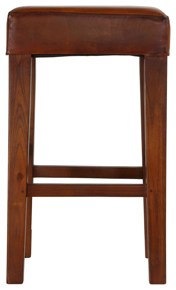 Bare Decor Sally Genuine Leather and Teak Wood Square Counter Stool, 26"