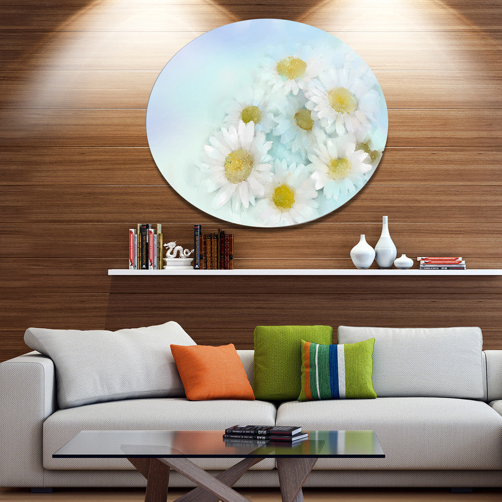 White Gerbera Flowers On Light Blue, Floral Disc Metal Wall Art, 23"