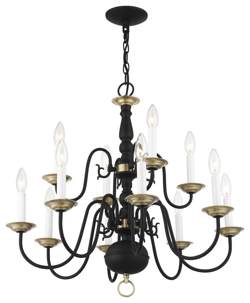Livex Lighting Williamsburg 12 Light Black, Antique Brass 2-Tier Chandelier