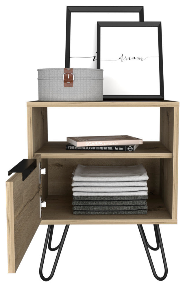 Vienna Contemporary Bedroom Nightstand with Cabinet and Hairpin Legs, Light Oak