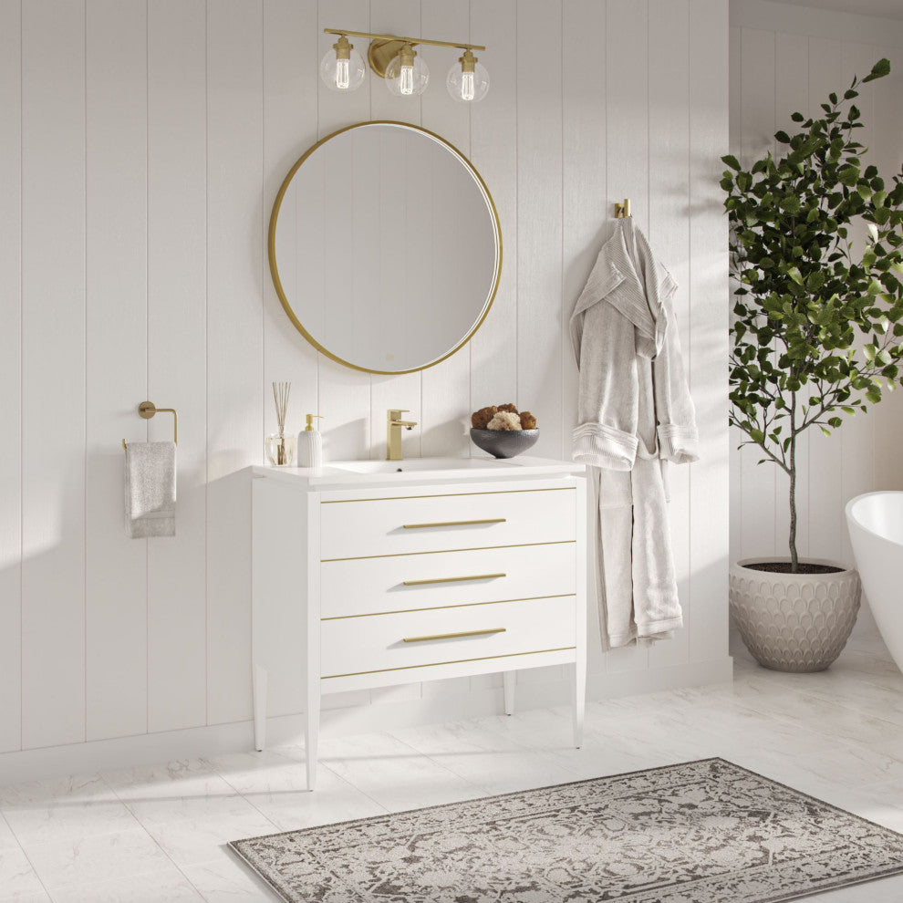 Celios Bathroom Vanity, White With Brass Trim, 36", Single Sink, Freestanding