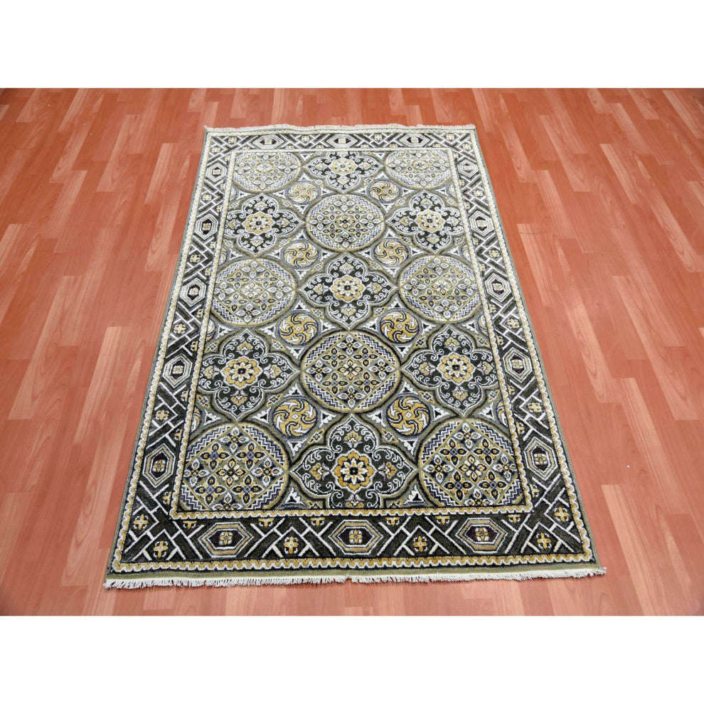Taupe/Brown Silk Mughal Inspired Hand/Knotted Textured Wool Rug, 4'0"x6'2"