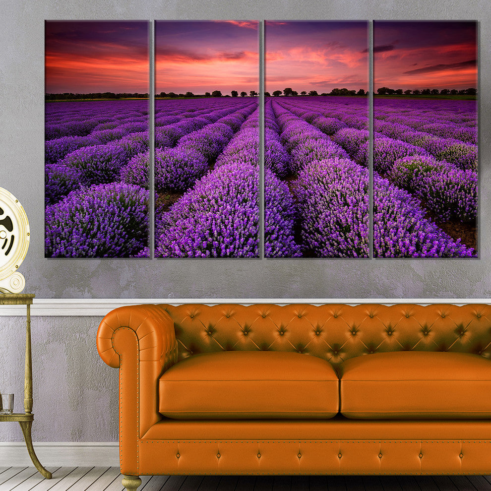 "Red Sunset Over Lavender Field" Wall Art Landscape, 4 Panels, 48"x28"
