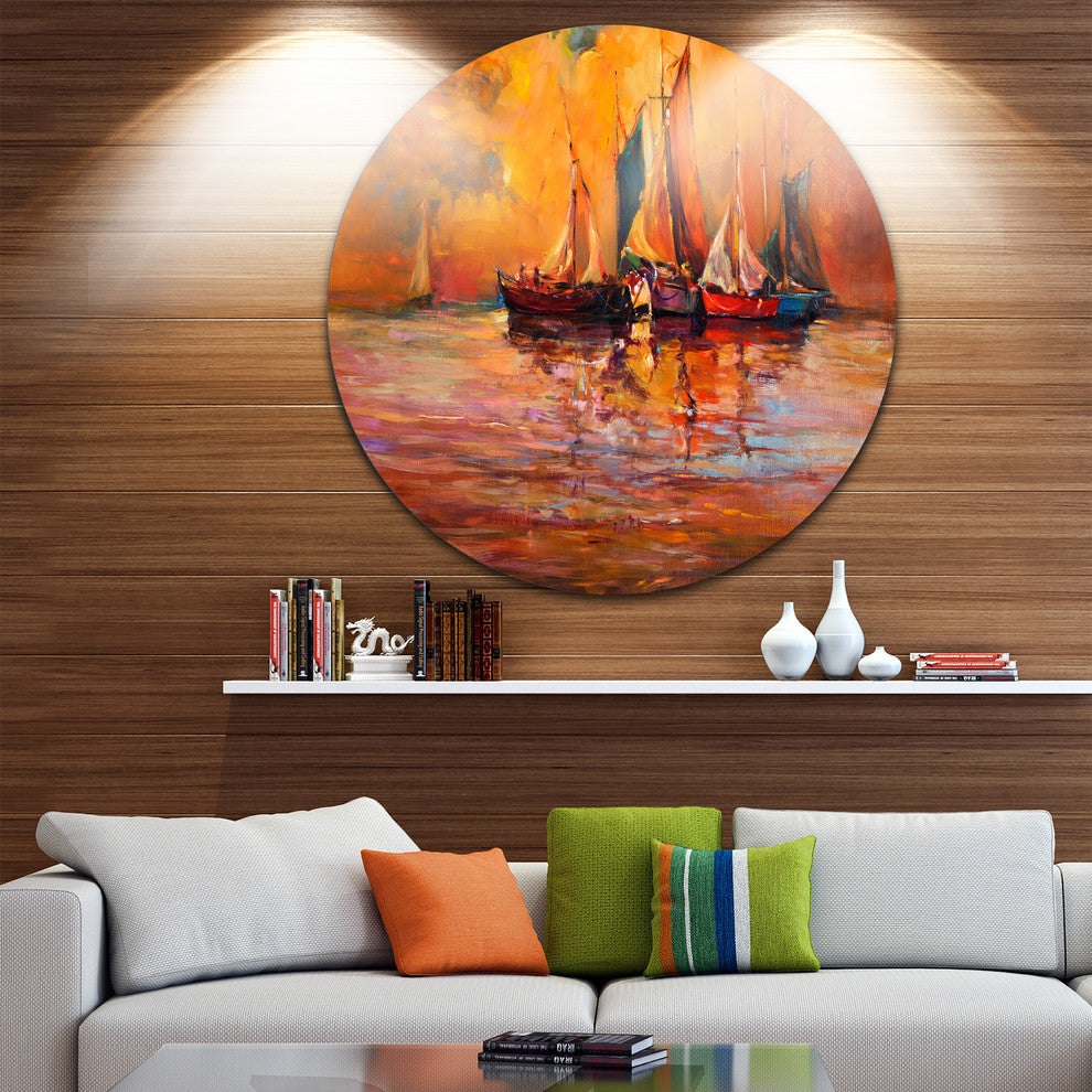 Boats And Ocean In Red, Seascape Painting Disc Metal Artwork, 23"