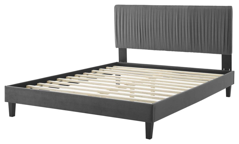 Platform Bed Frame, Twin Size, Velvet, Dark Grey Gray, Modern Contemporary
