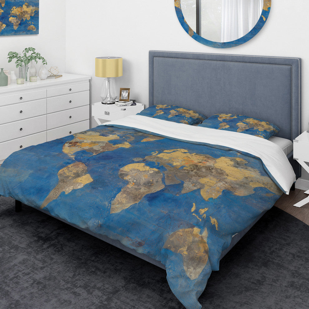 Golden Glam World Map Glam Duvet Cover Set, Twin