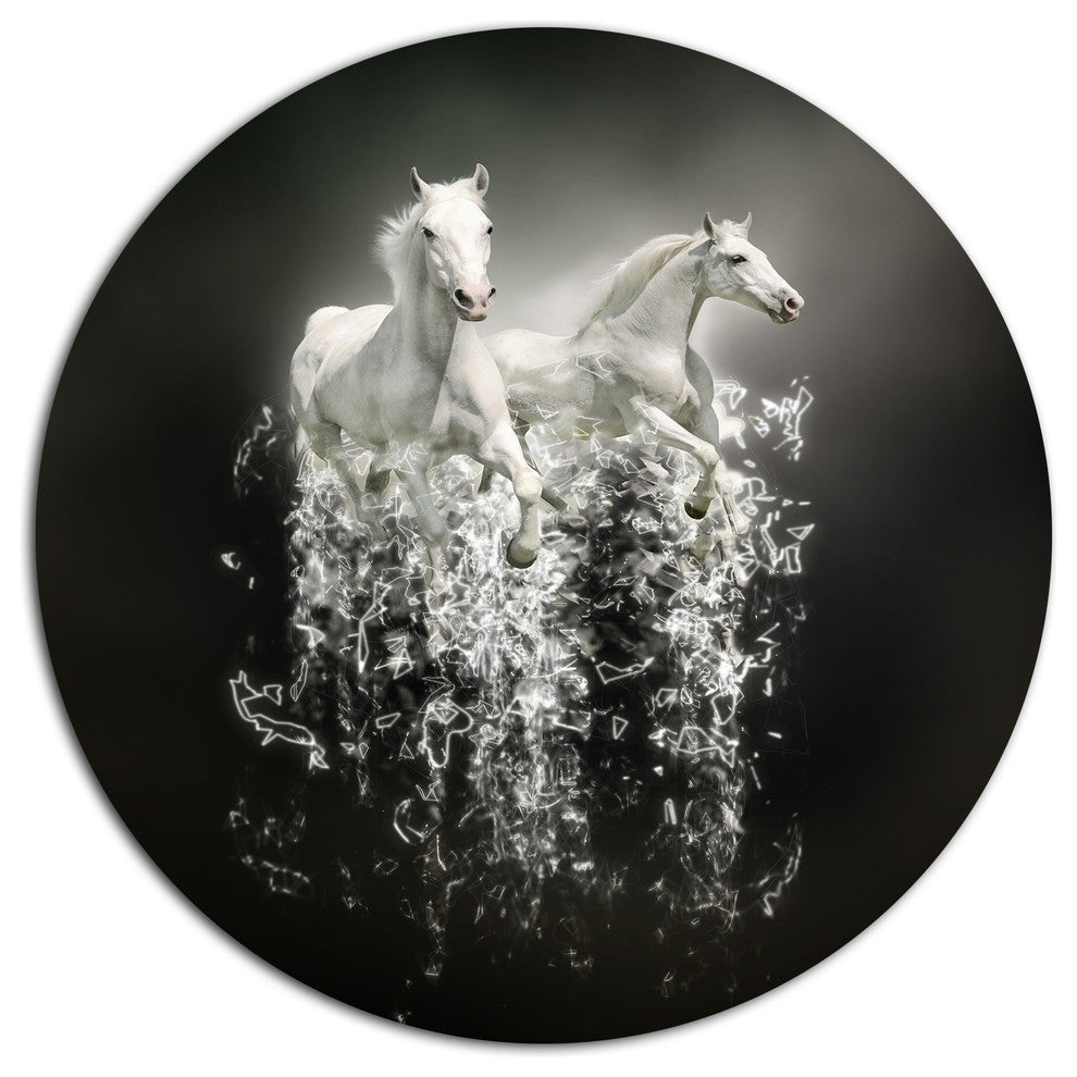 Fantasy White Horses On Black, Animal Disc Metal Artwork, 11"