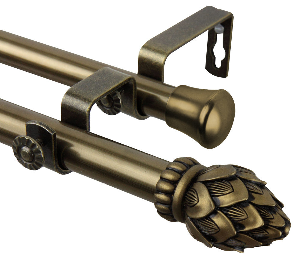 Bud Double Curtain Rod, Antique Brass, 66"-120"