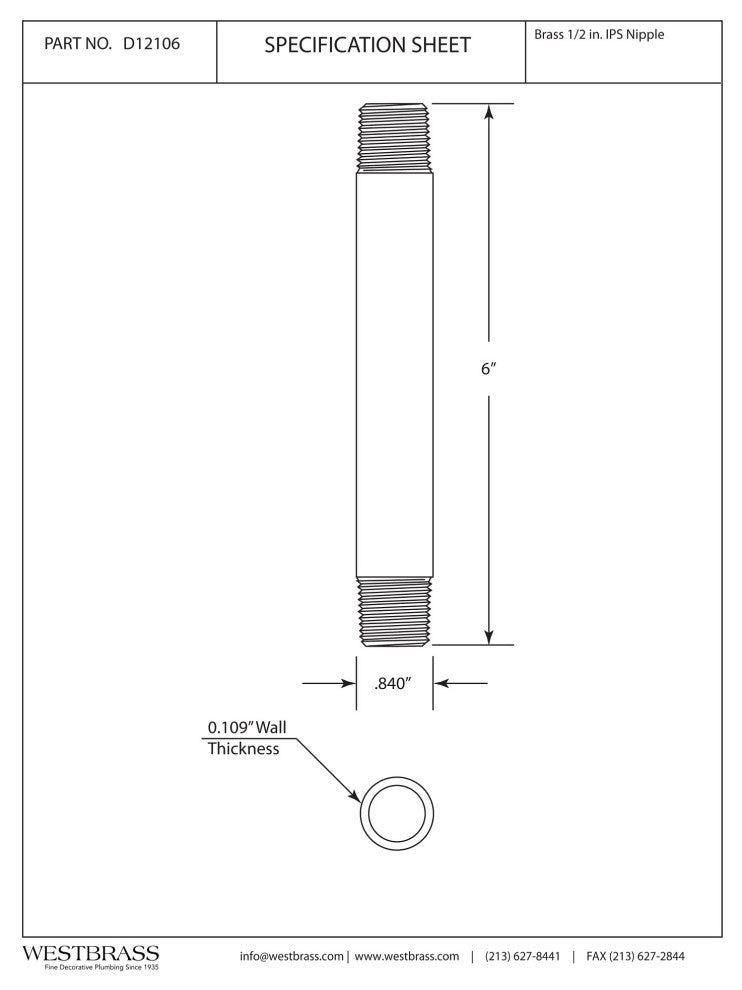 1/2"x6" IPS Pipe Nipple, Polished Brass, Polished Nickel