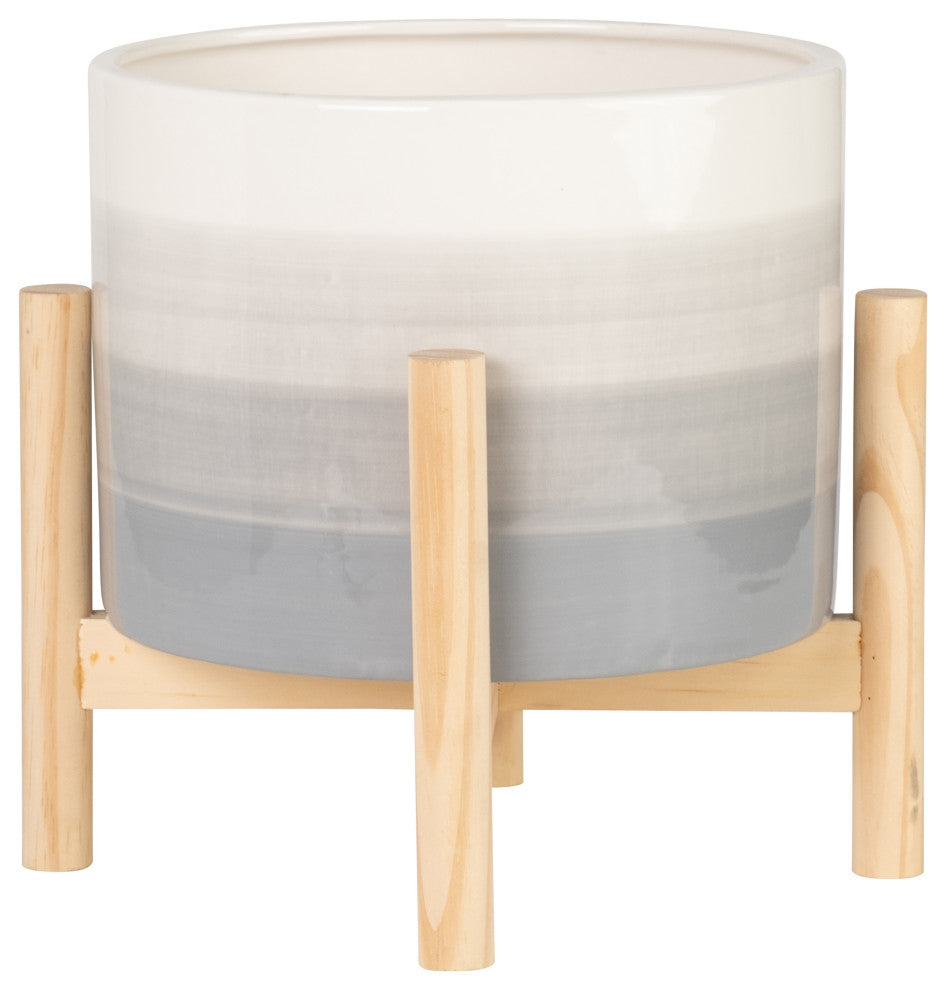 8" Ceramic Planter With Wood Stand, Beige Mix