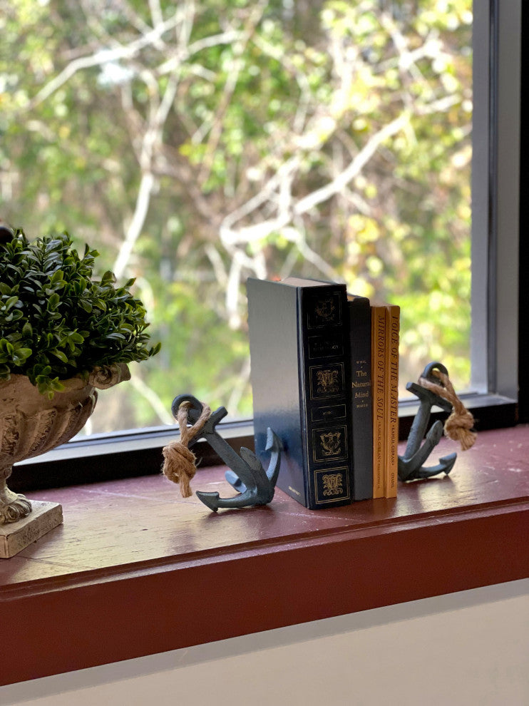 Set of 2 Blue Cast Iron Ship Anchor Bookends Nautical Home Decor Sculptures