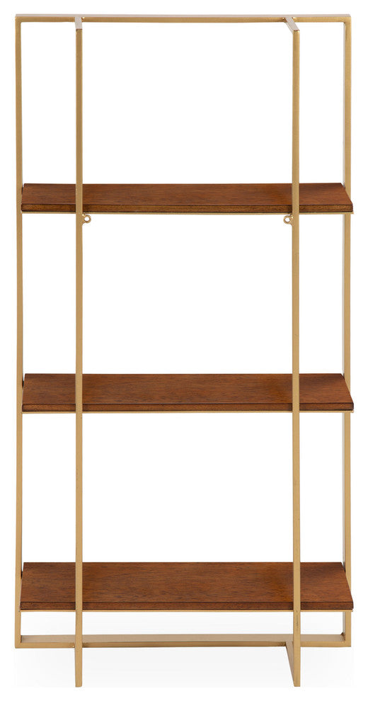 Kercheval Modern Wood Shelf, Walnut Brown/Gold 15x32