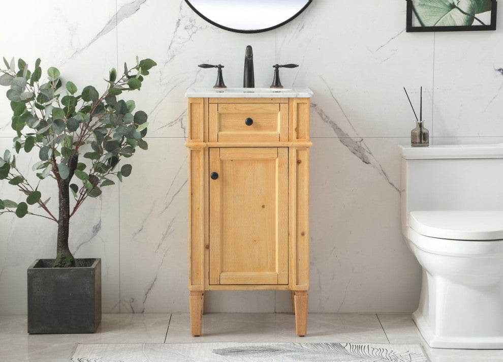 Home Living Vanity with Carrara White Marble Countertop, Natural Wood, 18", Single Sink