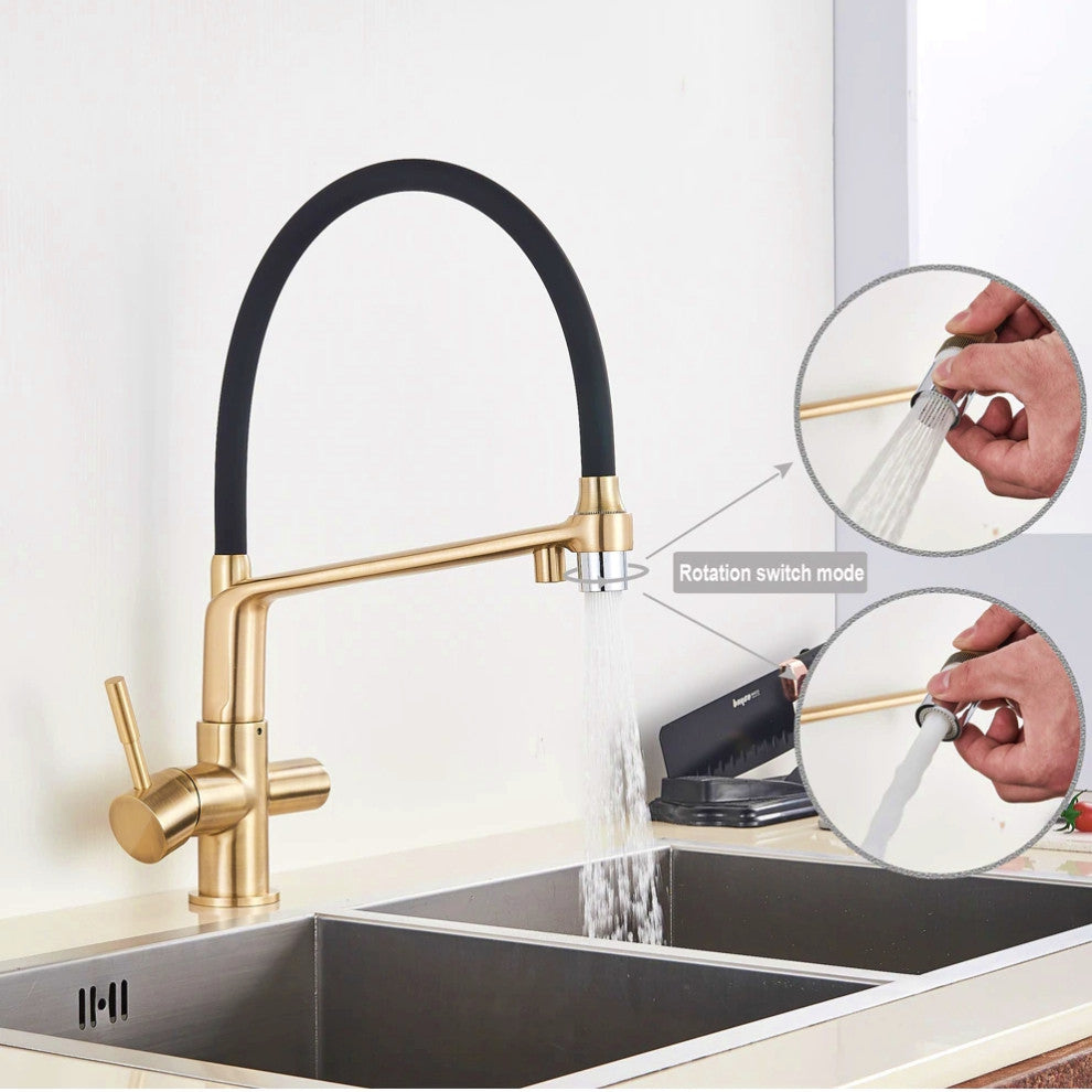 Brushed Gold Solid Brass Kitchen Faucet With Purified Water Tap