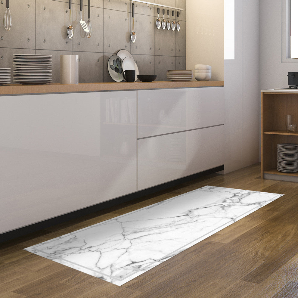 White Marble Decorative Vinyl Floor Mat, 2' x 5'