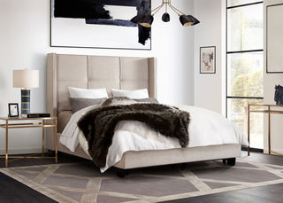 Queen Bed With Integrated Footboard Storage Unit and Accent Wings, Sand Fabric