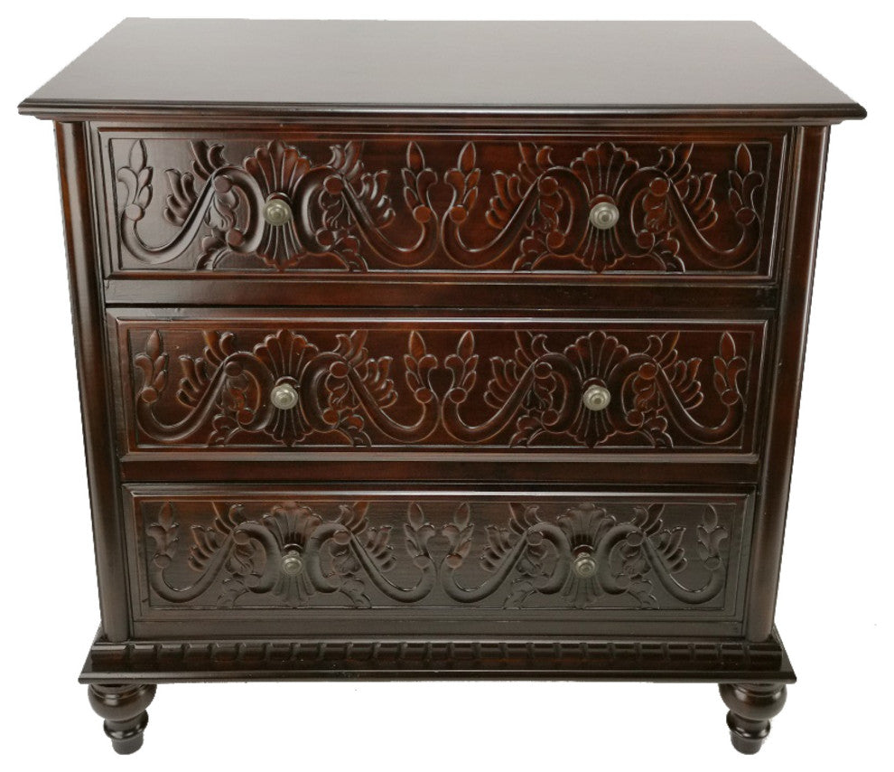 32" Classic Wood Dresser Chest, 3 Drawers, Floral Carving, Brass, Brown