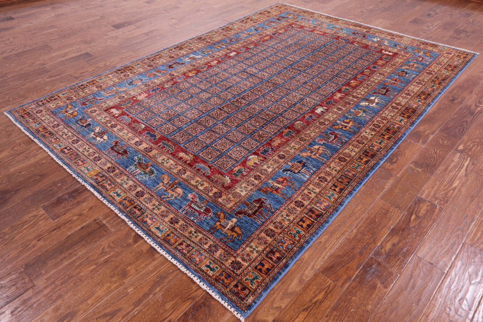 6' 7" X 9' 6" Handmade Antiqued Pazyryk Historical Design Wool Rug Q10915