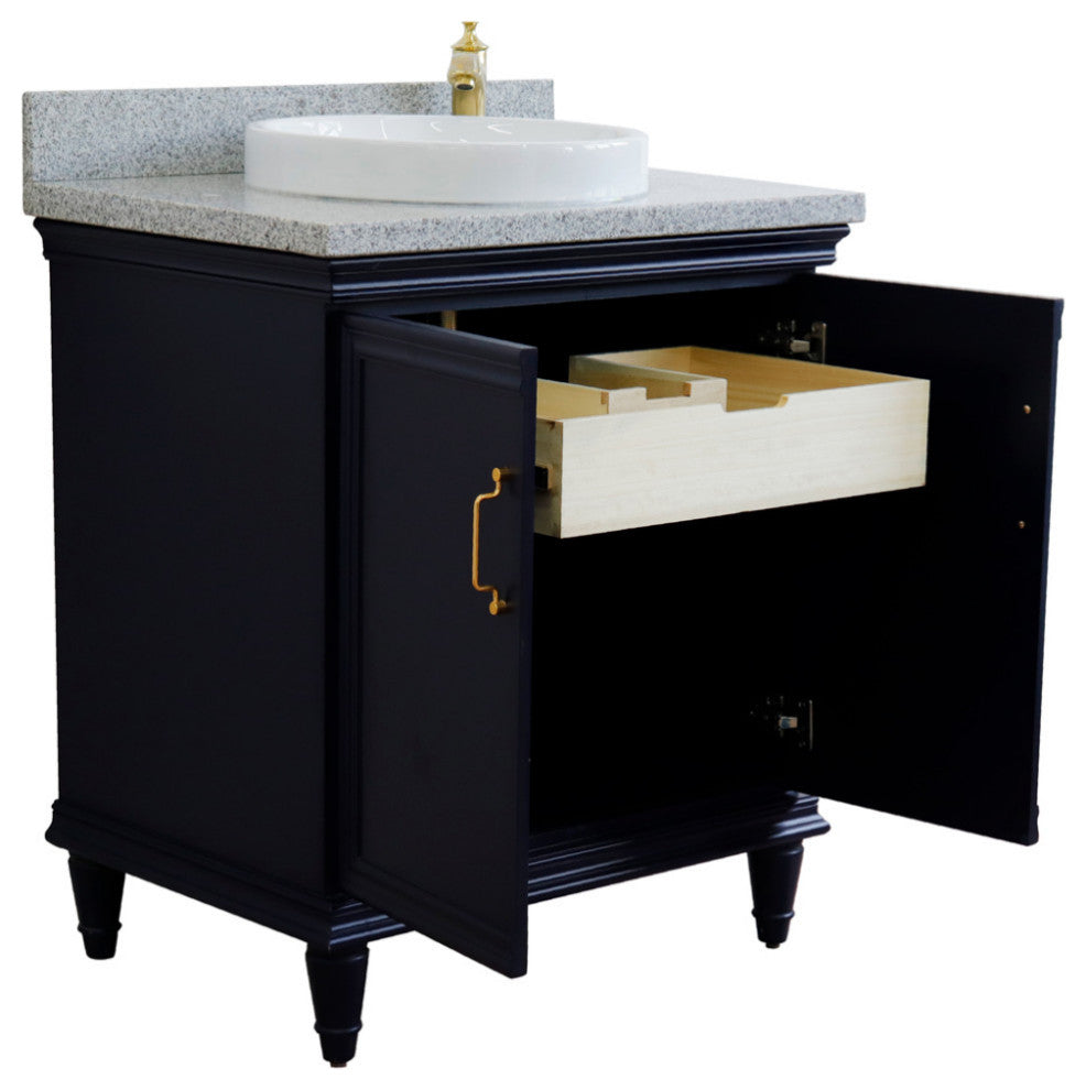 31" Single Vanity, Blue Finish With Gray Granite And Round Sink