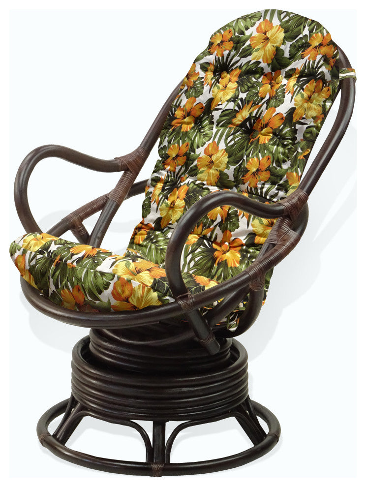 Java Lounge Swivel Rocking Chair Rattan Wicker, Dark Brown, Floral Cushion