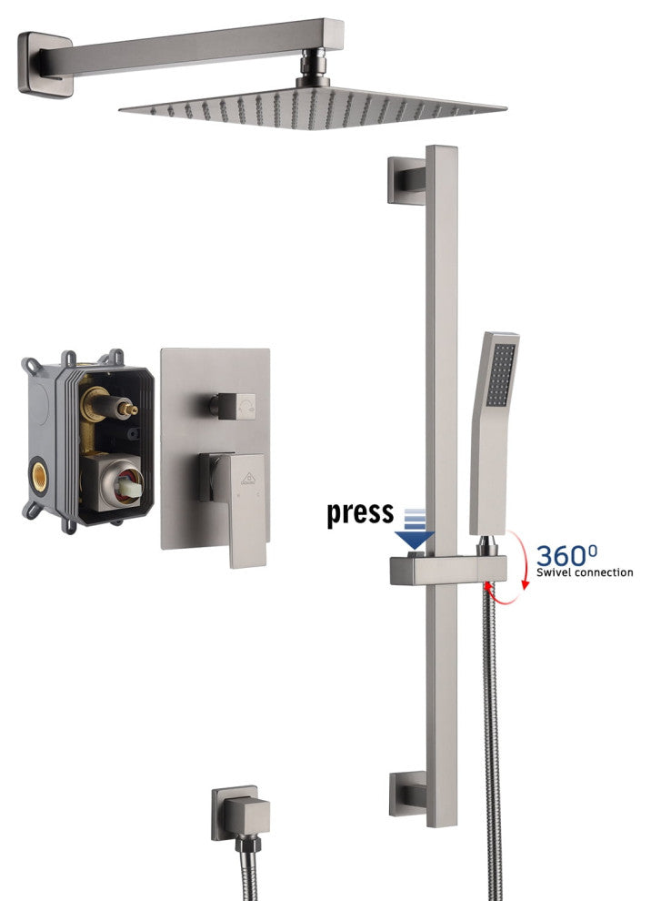 CASAINC 10" Luxury Wall Mounted Shower System Set w Sliding Handheld Rod, Brushed Nickel