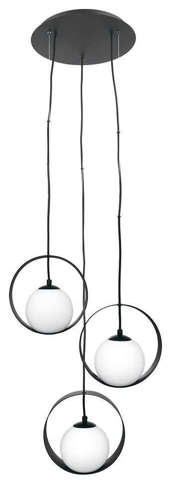 Camargo, 3-Light Lighting, Pendant, Black Finish, White Glass Shade