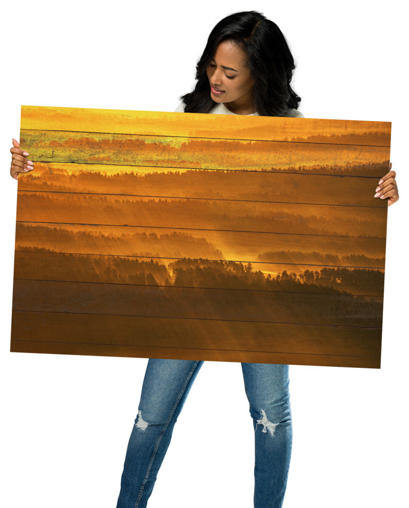 Faux Wood Golden Mist Valley - Hills & Mountain Range Wall Art Prints, 24" X 36"