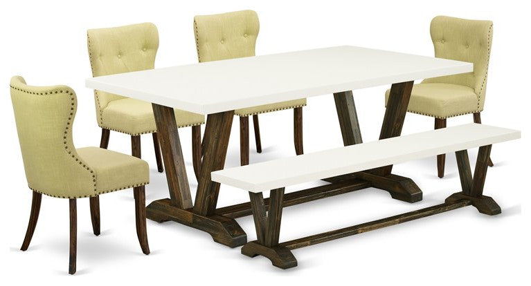 6-Piece Set, 4 Chairs-Top Table and Small Bench, Linen White and Jacobean