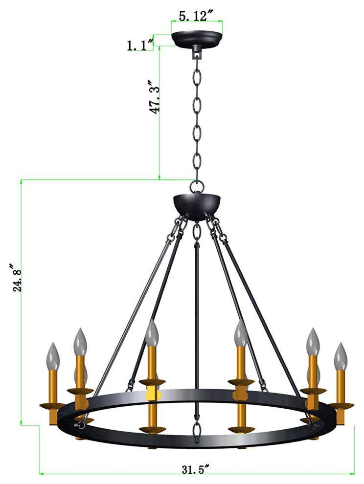 Vintage Wagon Wheel Chandelier Rust Farmhouse Pendant With Black and Gold Finish
