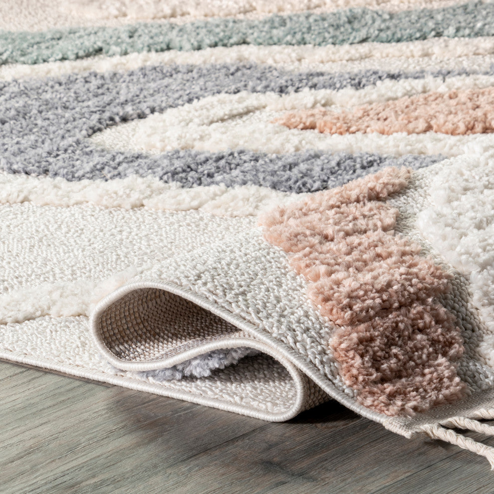 Nuloom Abstract Striped Kids Tassel Area Rug, Beige 5'x8'