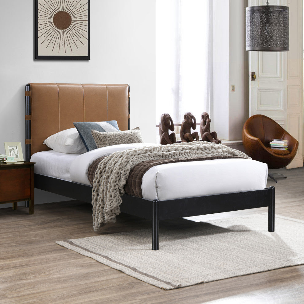 Abigail Upholstered Bed, Cognac, Twin, Vegan Leather