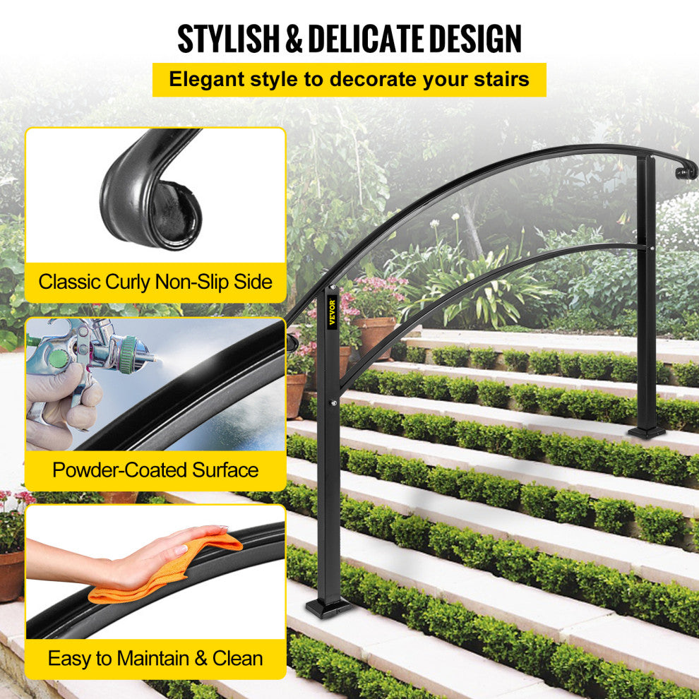 VEVOR Handrails for Outdoor Steps 1 to 3 Steps Stair Railing, Black, 5 Ft
