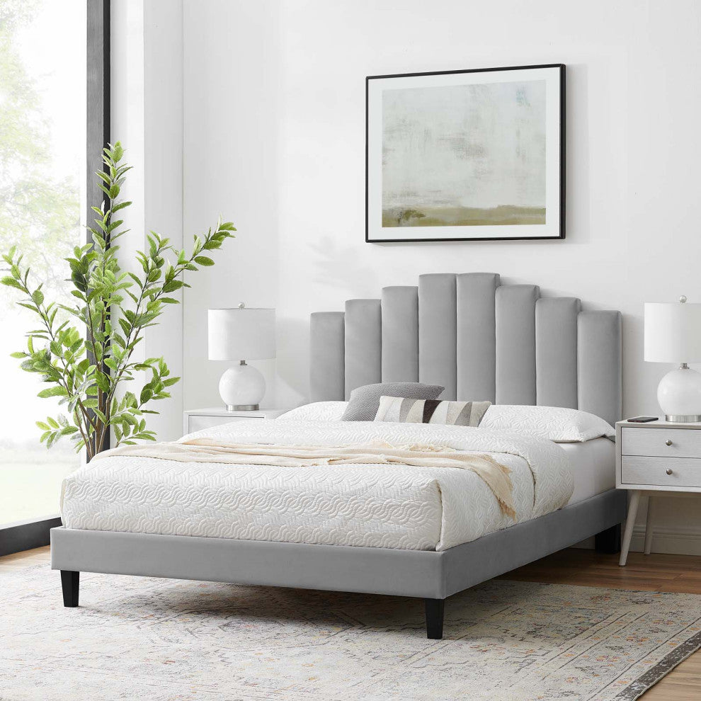 Platform Bed Frame, Queen Size, Velvet, Light Gray, Modern Contemporary