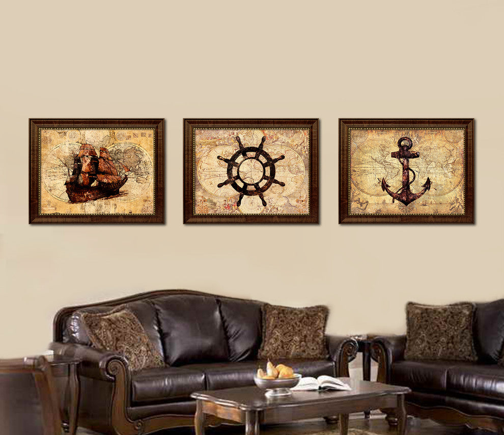 Wheel Vintage Nautical Map Print on Canvas with Picture Frame, 15" x 19"
