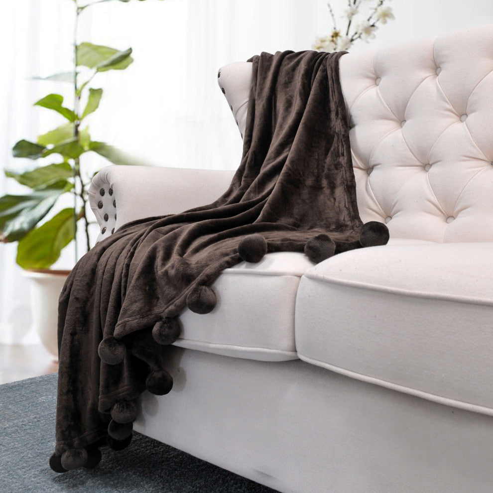 Pom Pom Flannel Fleece Throw Blanket, Chocolate, 50" X 60"