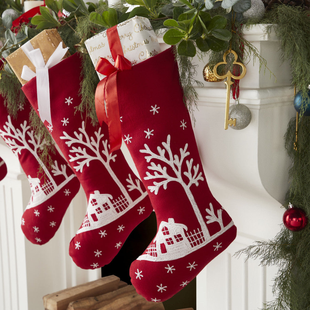 Handmade Red Snowy Village Scene Christmas Stocking with White Embroidery