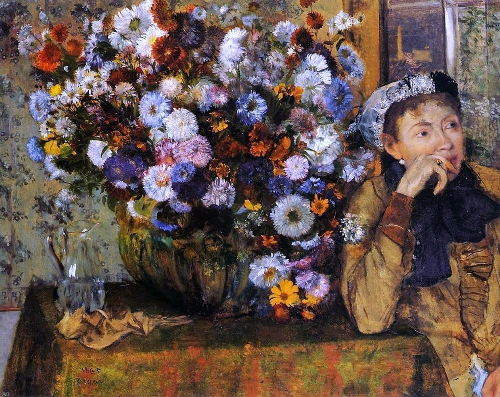 Edgar Degas A Woman Seated Beside a Vase of Flowers Wrapped Canvas, 20"x25"