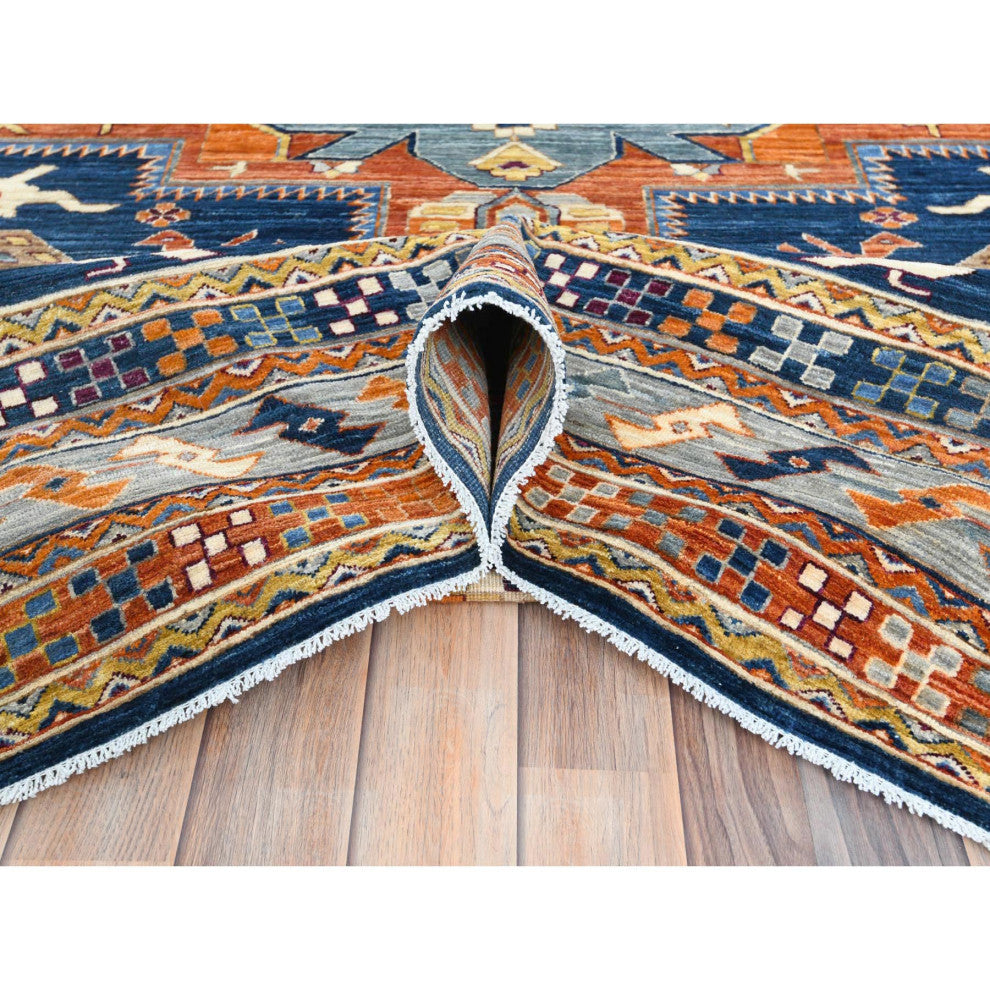 Navy Blue, Wool Hand Knotted, Armenian Inspired Design 200 KPSI Rug, 8'4"x9'7"