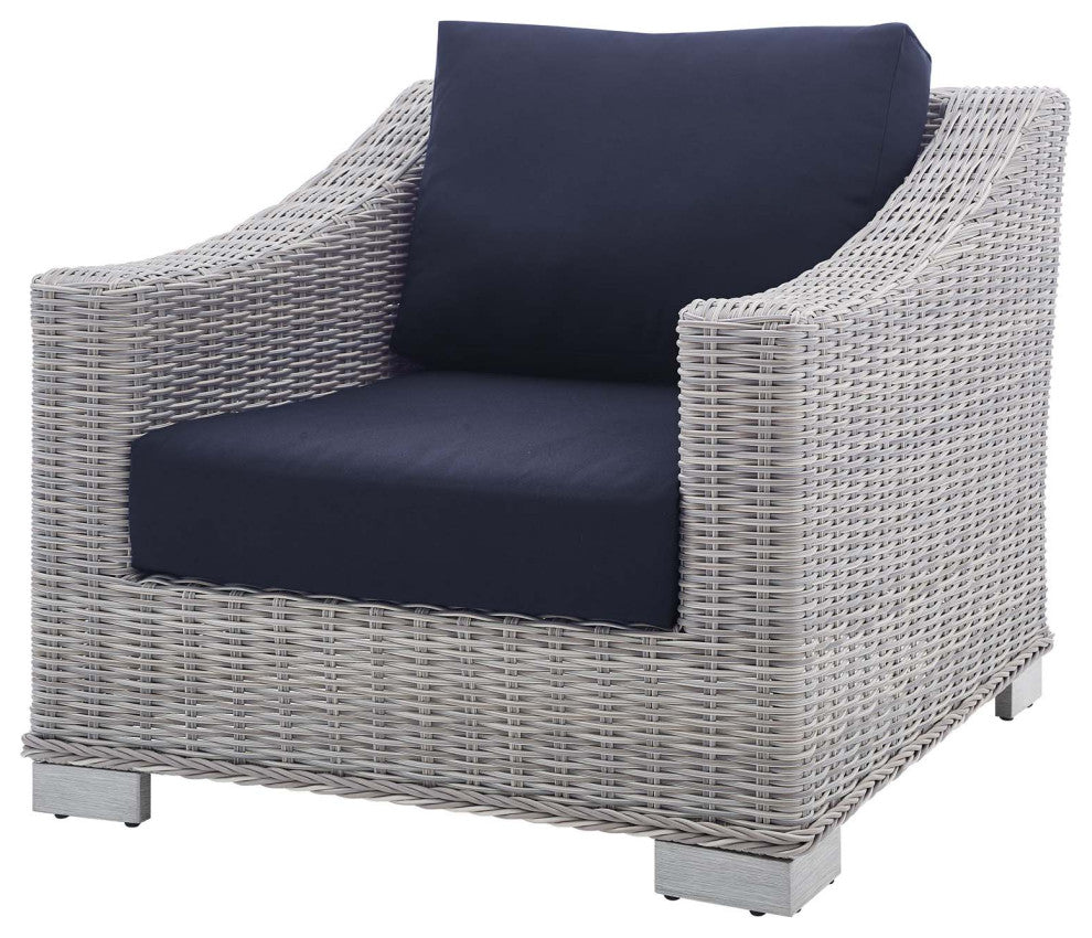 Lounge Sofa Chair Table Set, Rattan, Wicker, Gray Blue Navy, Outdoor