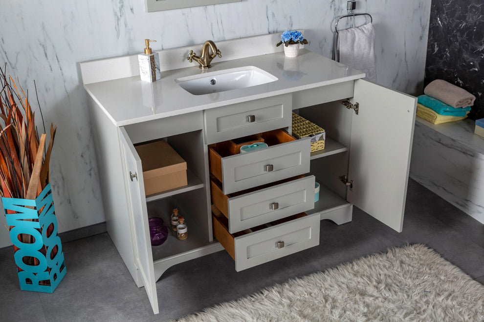 Livia Collection 48" Bath Vanity Quartz Top and Ceramic Sink, Grey, 48"