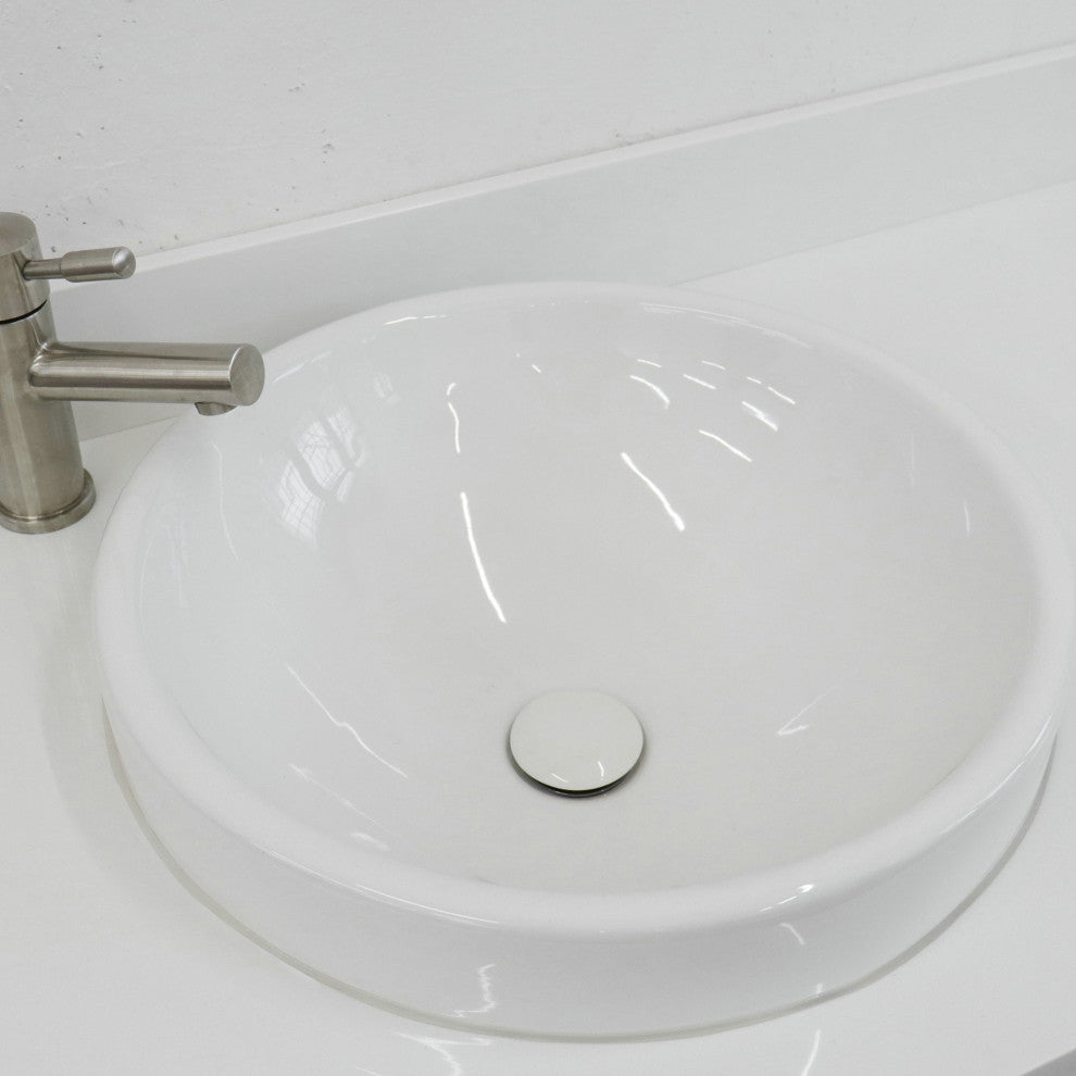 61" Double Sink Vanity, White Finish With Engineered Stone Top And Round Sink