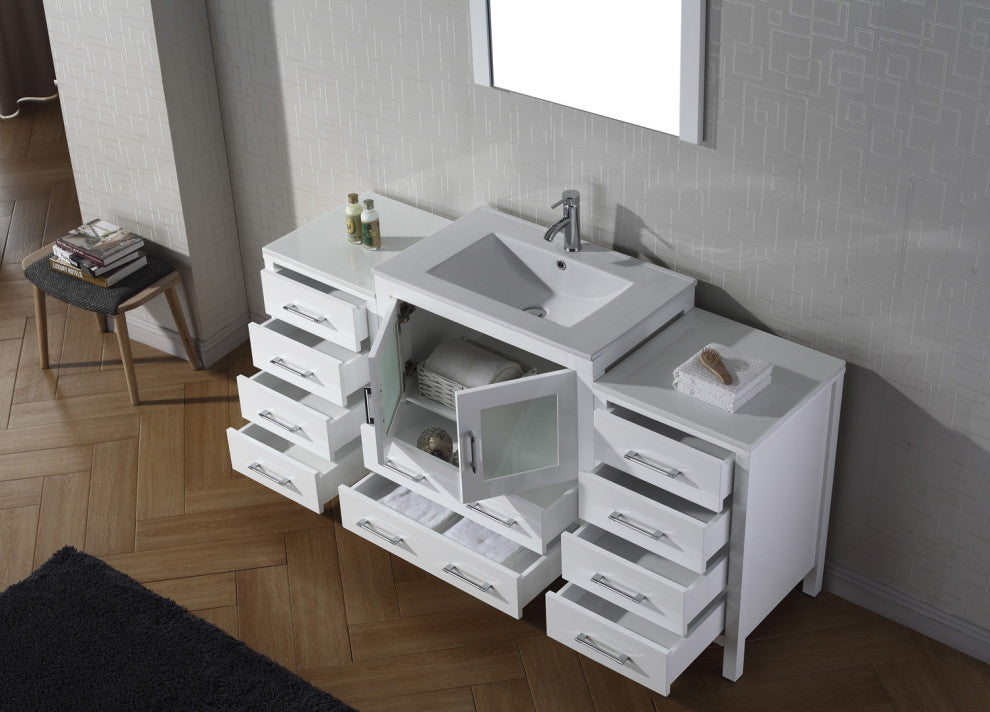 Dior 66" Single Bathroom Vanity, White, White Ceramic, Brushed Nickel Faucet