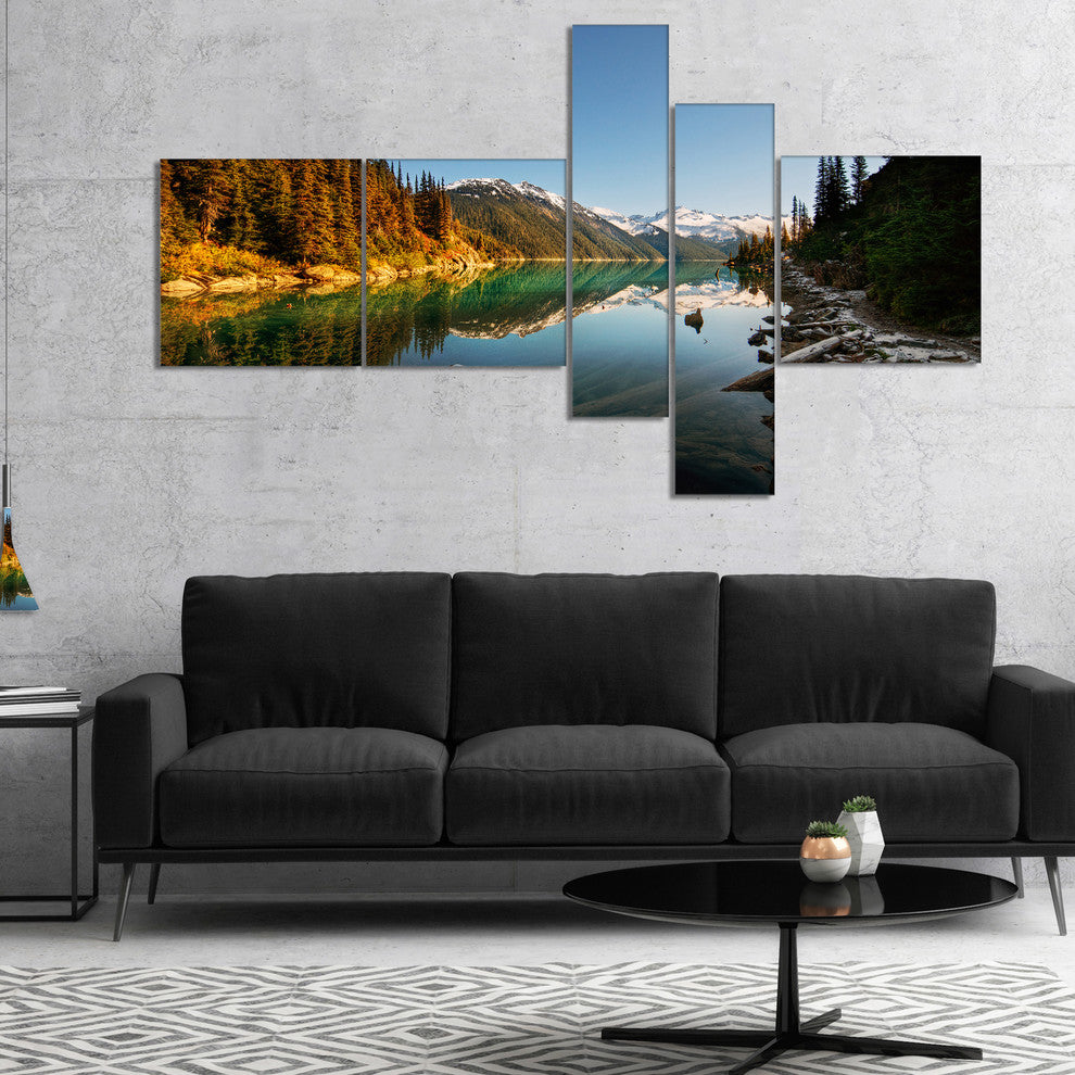 Snowy Path Along Mountain Lake, Landscape Canvas Art Print, 60"x32", 5 panels