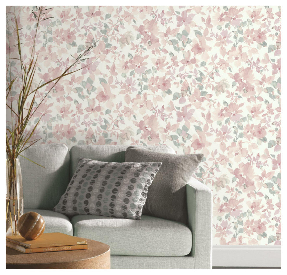 Watercolor Floral Peel and Stick Wallpaper, Pink and Green