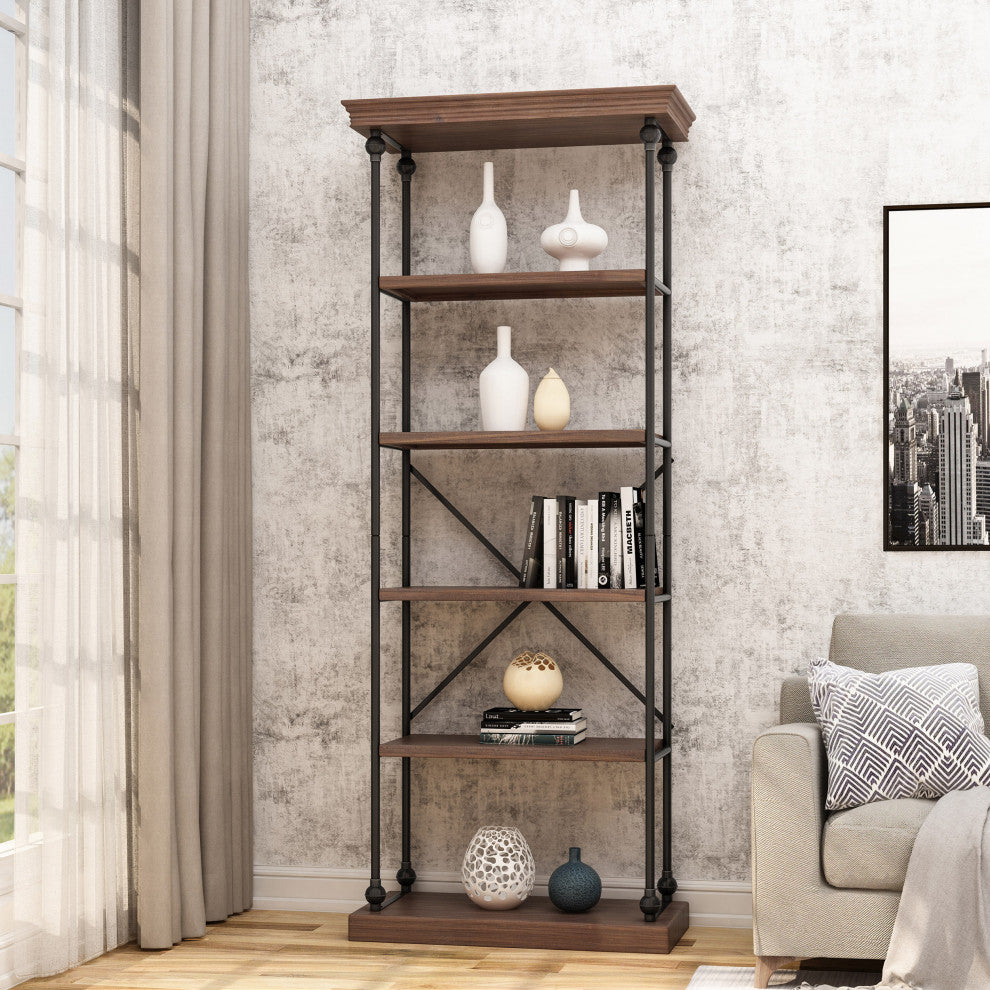 Alma Industrial 5 Shelf Firwood Bookcase, Dark Walnut, Black