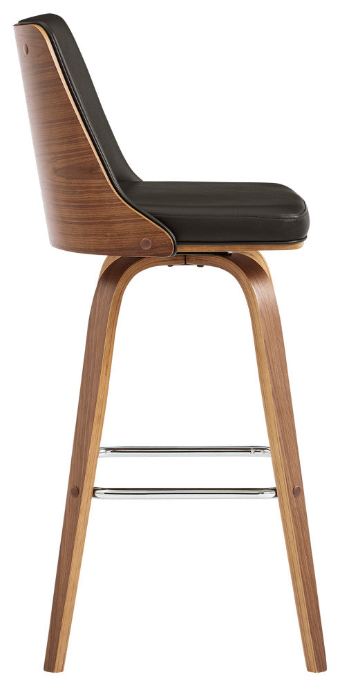 Nolte 30" Swivel Bar Stool in Brown Faux Leather and Walnut Wood