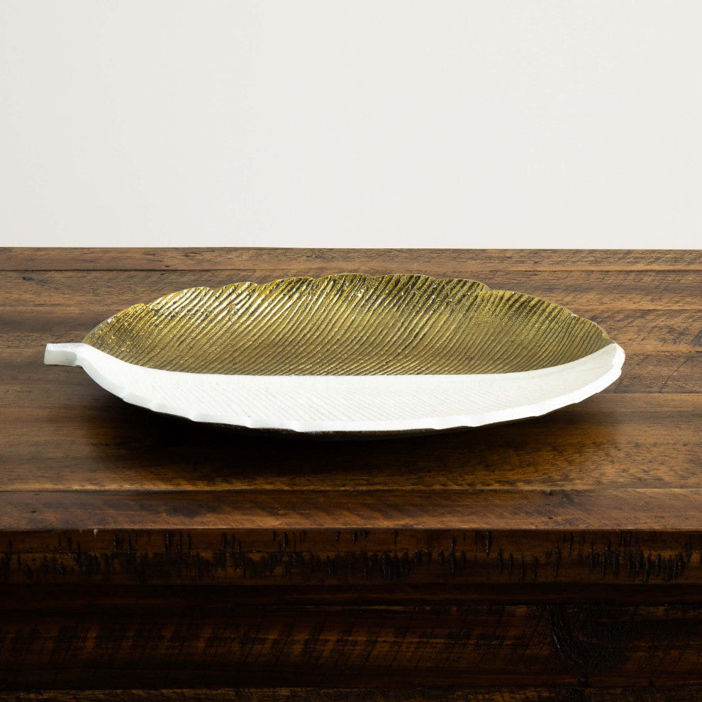 14in. Gold and White Leaf Decorative Accent Tray