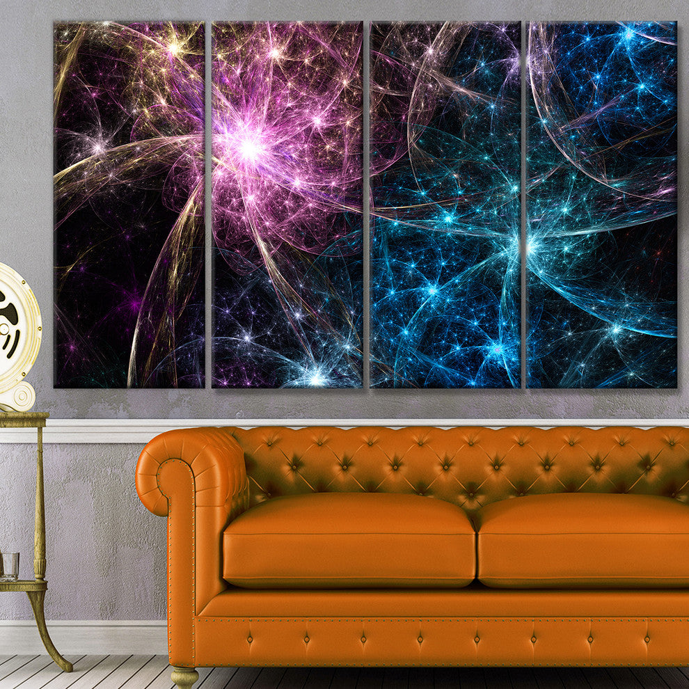 Blue Pink Colorful Fireworks, Abstract Art on Canvas, 48"x28", 4 Panels